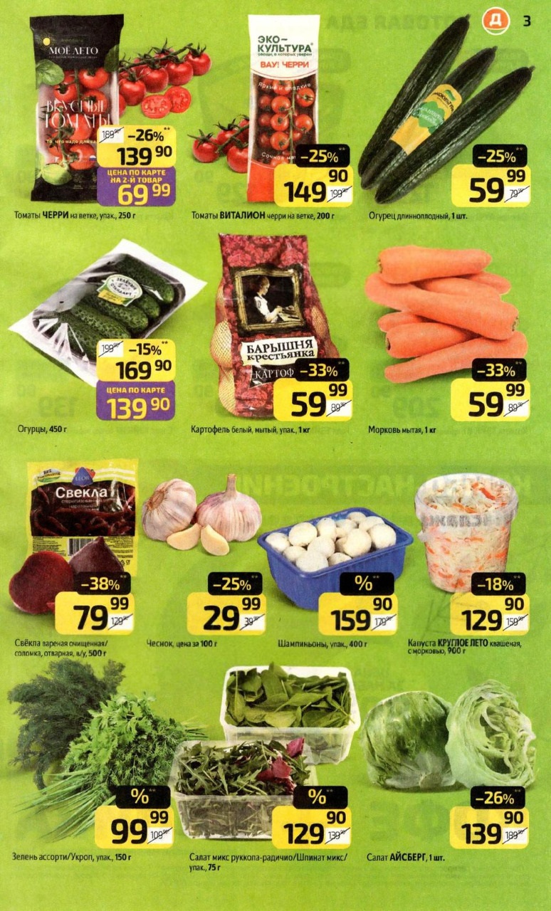 Томаты Черри, огурцы, морковь, шампиньоны, салат Айсберг. Морковь мытая 59р/кг, шампиньоны упаковка 400г за 159р.